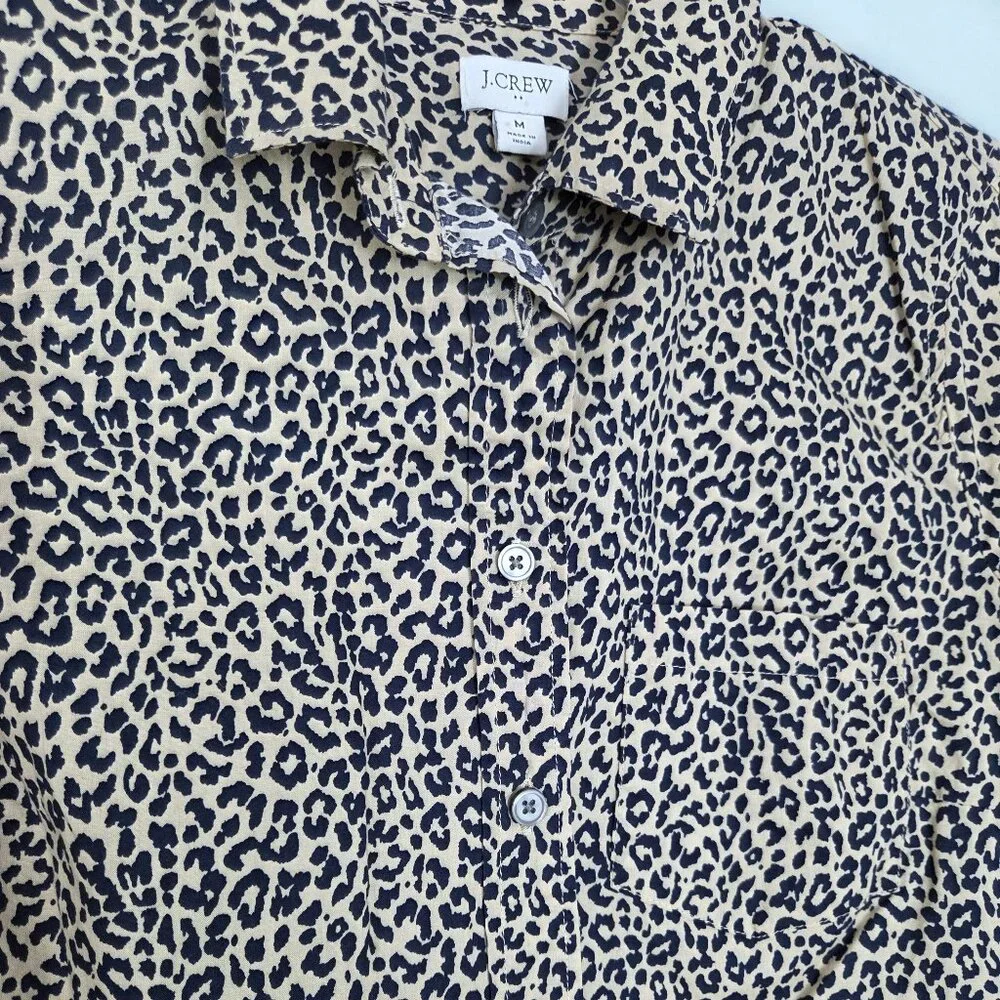 J. Crew Navy & Beige Cheetah Print Cotton Button Down Blouse Size M